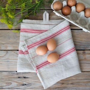 Farmhouse kitchen towels, Provence tea towel, Red stripe towel, Softened linen dishtowel, French country towel, Natural linen hand towel
