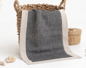 Natural Linen Black Waffle Bathroom Rug, Washable Spa Mat