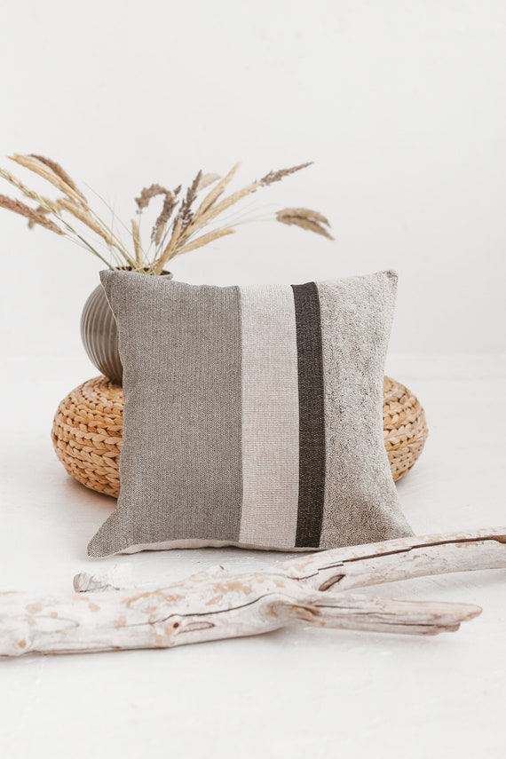 Linen cotton blend color block pillowcase in black non dyed | Etsy