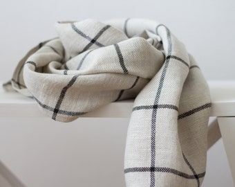 Plaid Linen Scarf, Super Soft Summer Woman Scarf, Checkered Mens Winter Scarf, Lightweight Handmade Wide Pure Flax Shawl