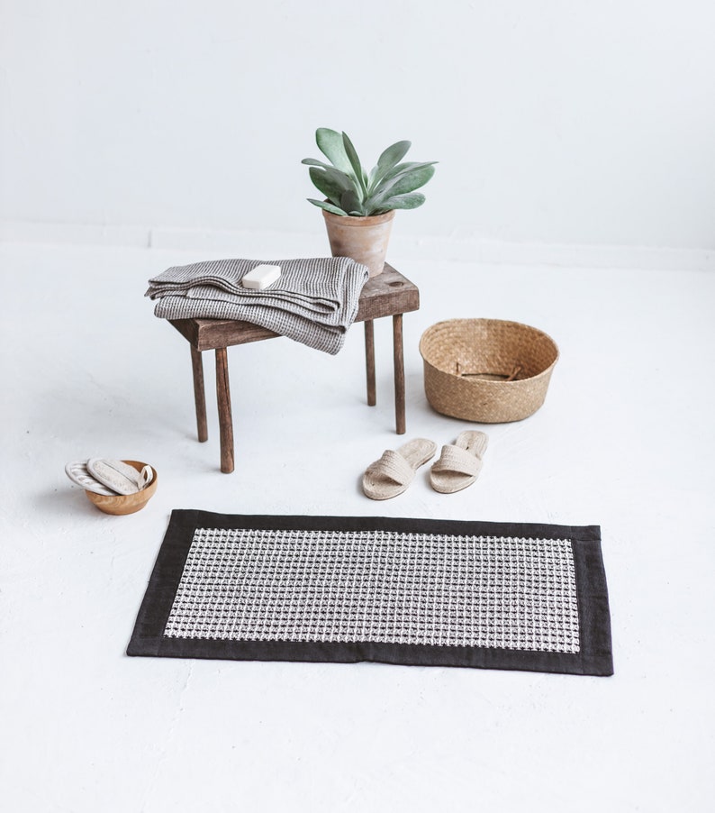 Black Neutral Bath Mat Made of Two Different Fabrics Natural Etsy