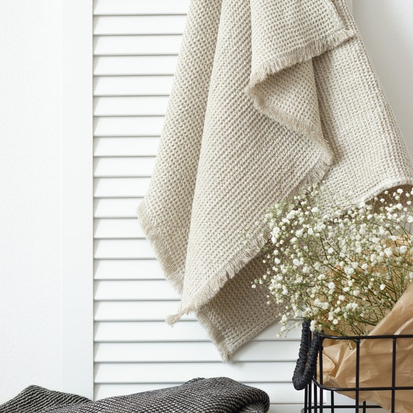 Serviette gaufrée en coton lin avec franges, linge de bain gaufré noir, drap de bain naturel