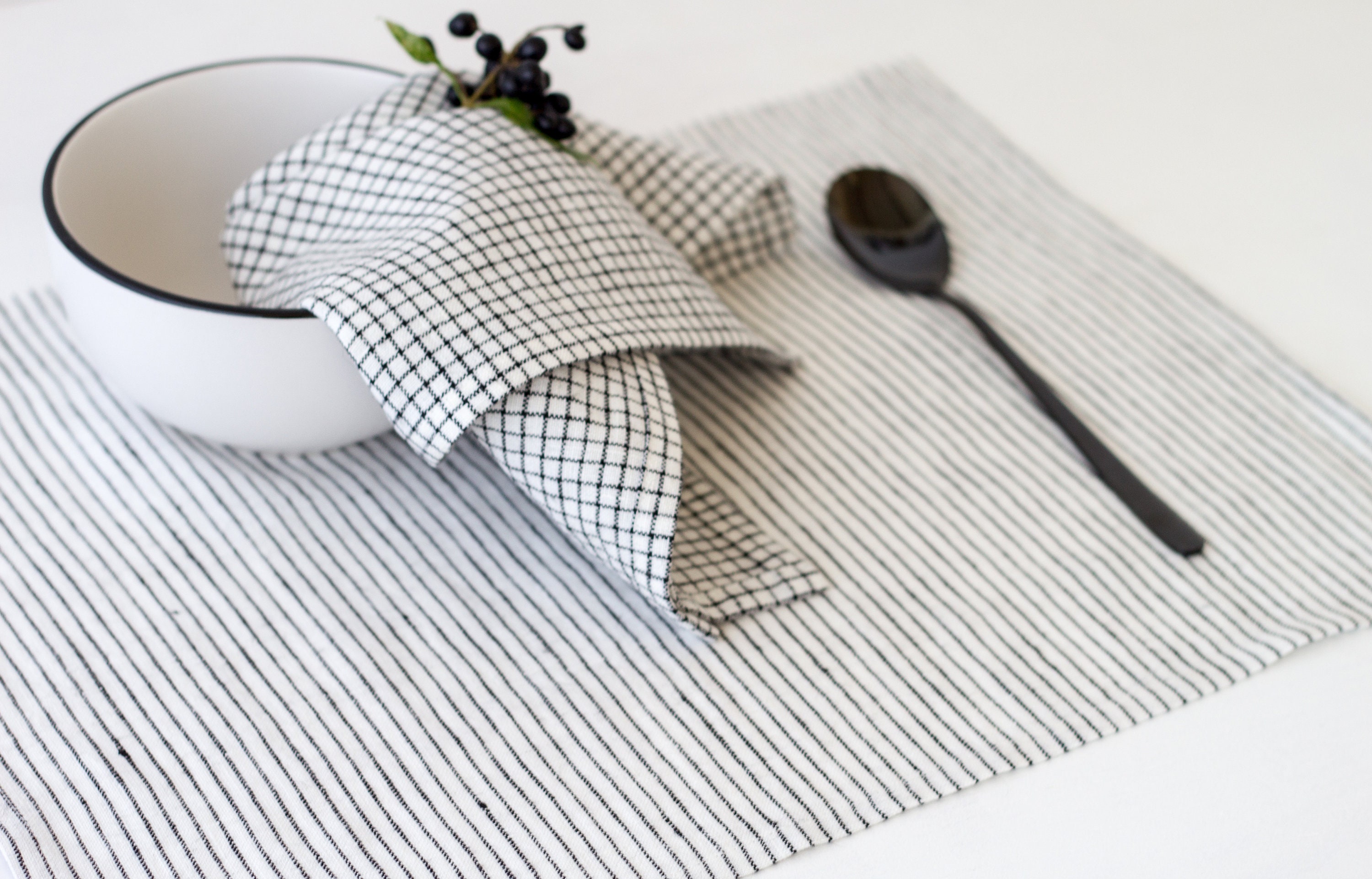 Modern Linen Placemats Set White and Black Stripe Scandinavian Etsy