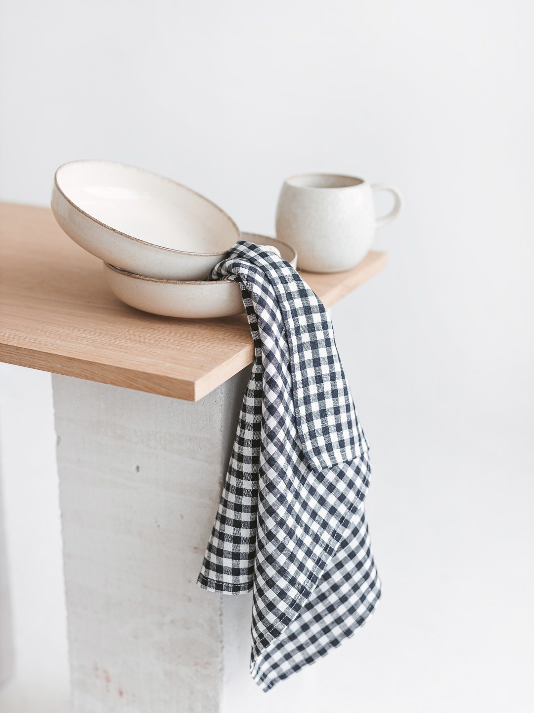 Gingham Dish Towels, Two Navy Blue White Pure Linen Tea Towels in