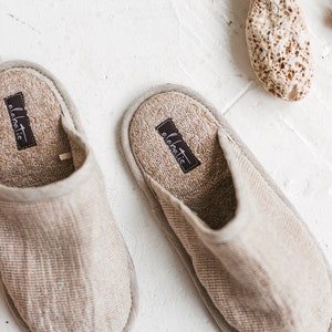 Linen Slippers Breathable Terry Cloth Non Slip Sole House Shoes Cute Handmade Natural Linen Bathroom Slippers image 3