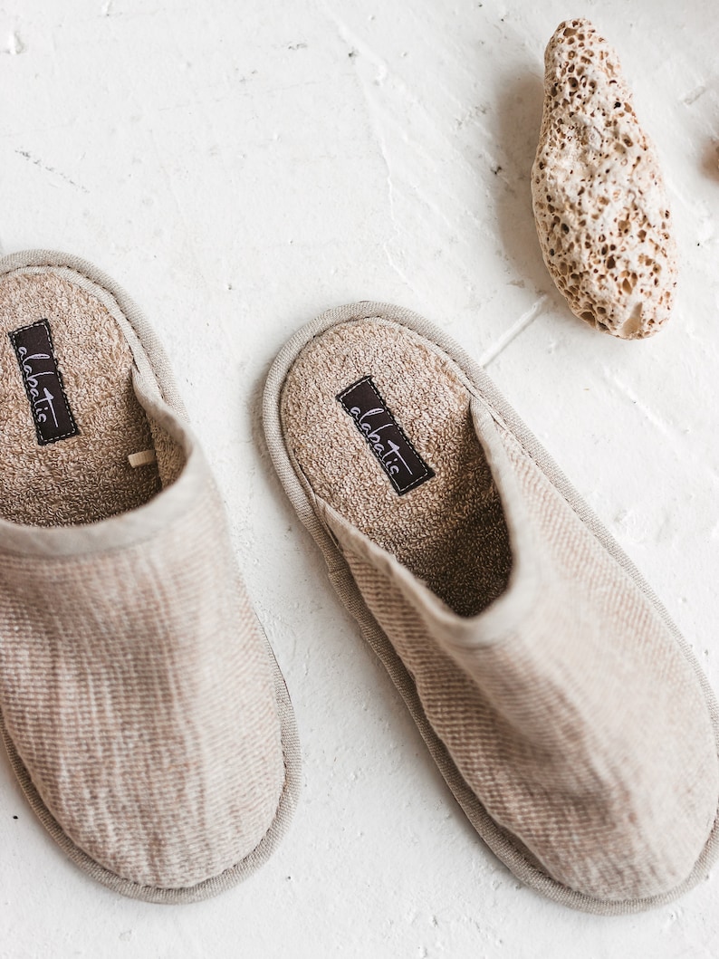 Linen Slippers Breathable Terry Cloth Non Slip Sole House Shoes Cute Handmade Natural Linen Bathroom Slippers image 3