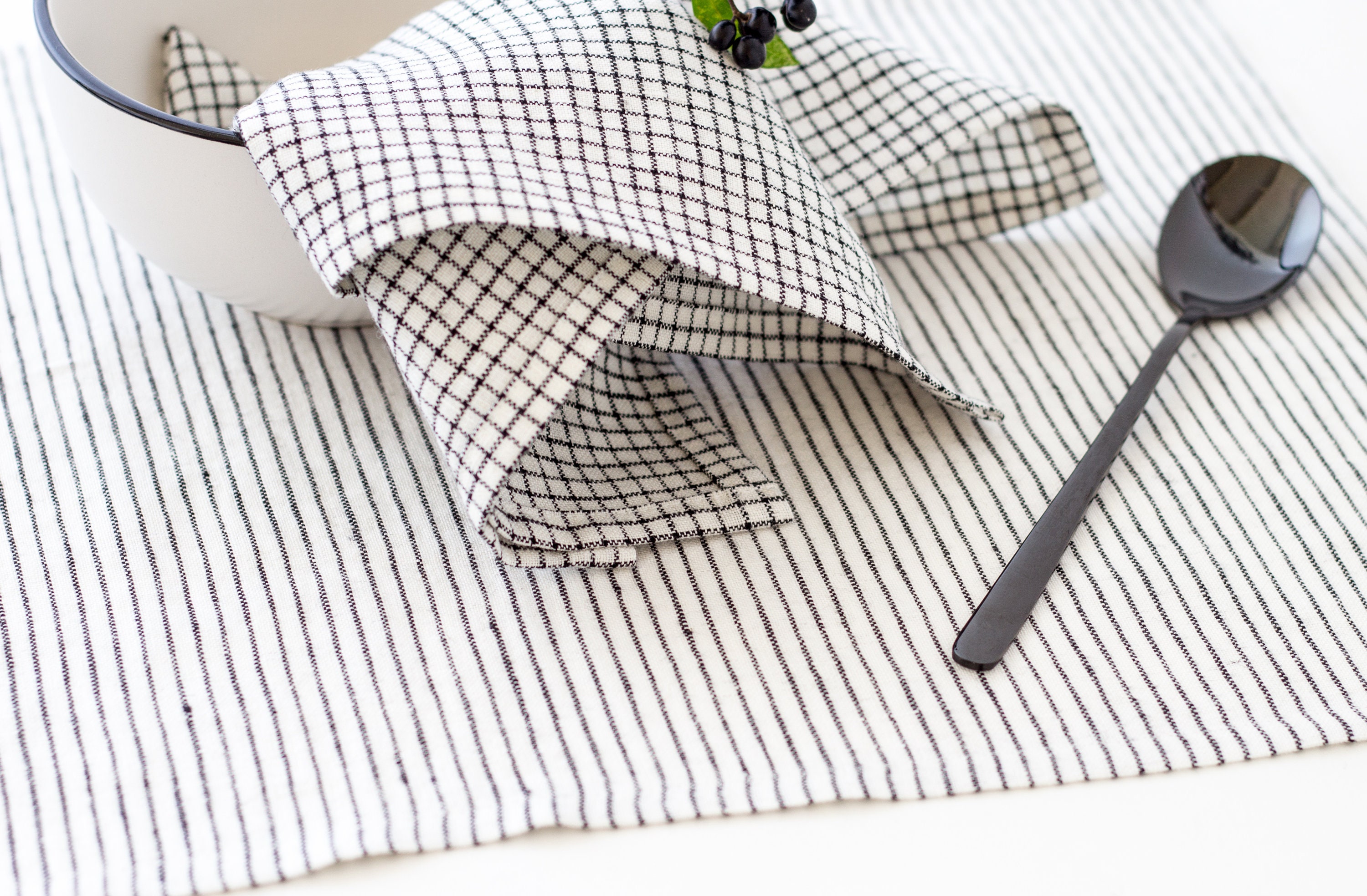 Modern Linen Placemats Set White and Black Stripe Scandinavian Etsy