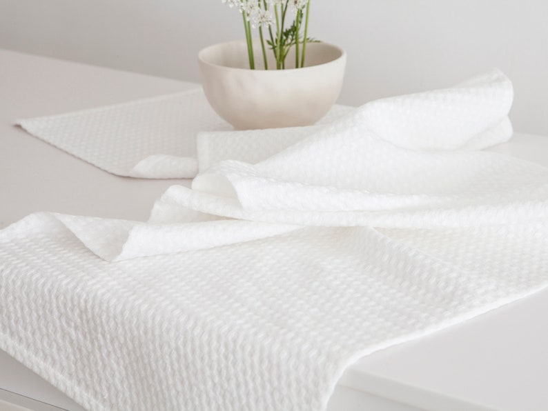 White Linen Table Runner, Waffle Weave Wedding Tabletop Covering, Simple Minimalist Everyday Holiday Decorative Long Table Runner image 2