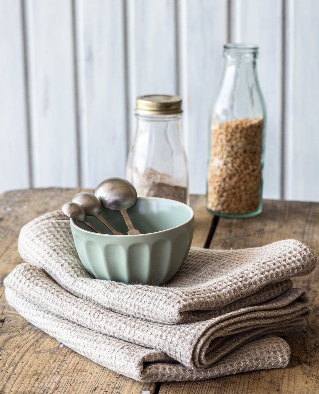 Rustic Kitchen Towel Set of 5 - Olive and Linen