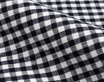 Pure linen fabric in Dark Navy White Checks, Washed 100% gingham Lithuanian flax by meter for sewing, Softened Black White Plaid Fabric