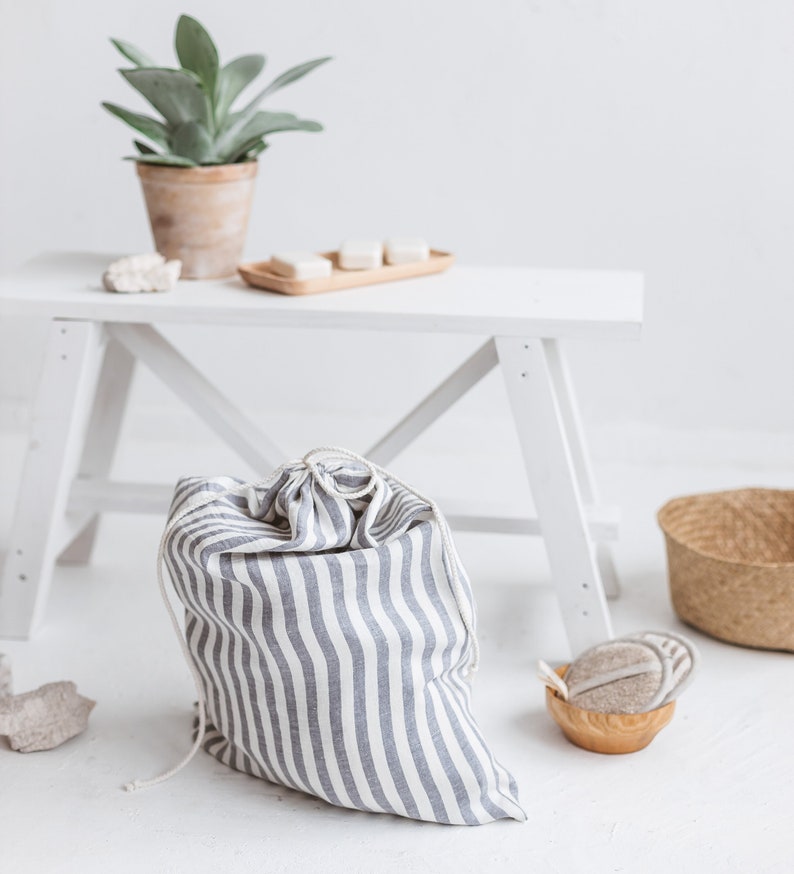 Linen grey striped 40x53 cm drawstring bag, Storage flax bag, Minimalist natural small laundry bag, Reusable organic storage bag Wide stripes