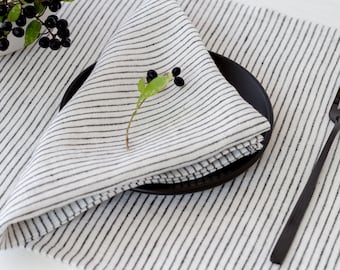 Linen Cloth Napkins Set, Natural Linen Black White Striped Napkins, Modern Scandinavian Minimalist Style Bulk Napkins