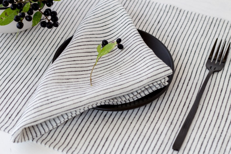 Linen Cloth Napkins Set, Natural Linen Black White Striped Napkins, Modern Scandinavian Minimalist Style Bulk Napkins image 1