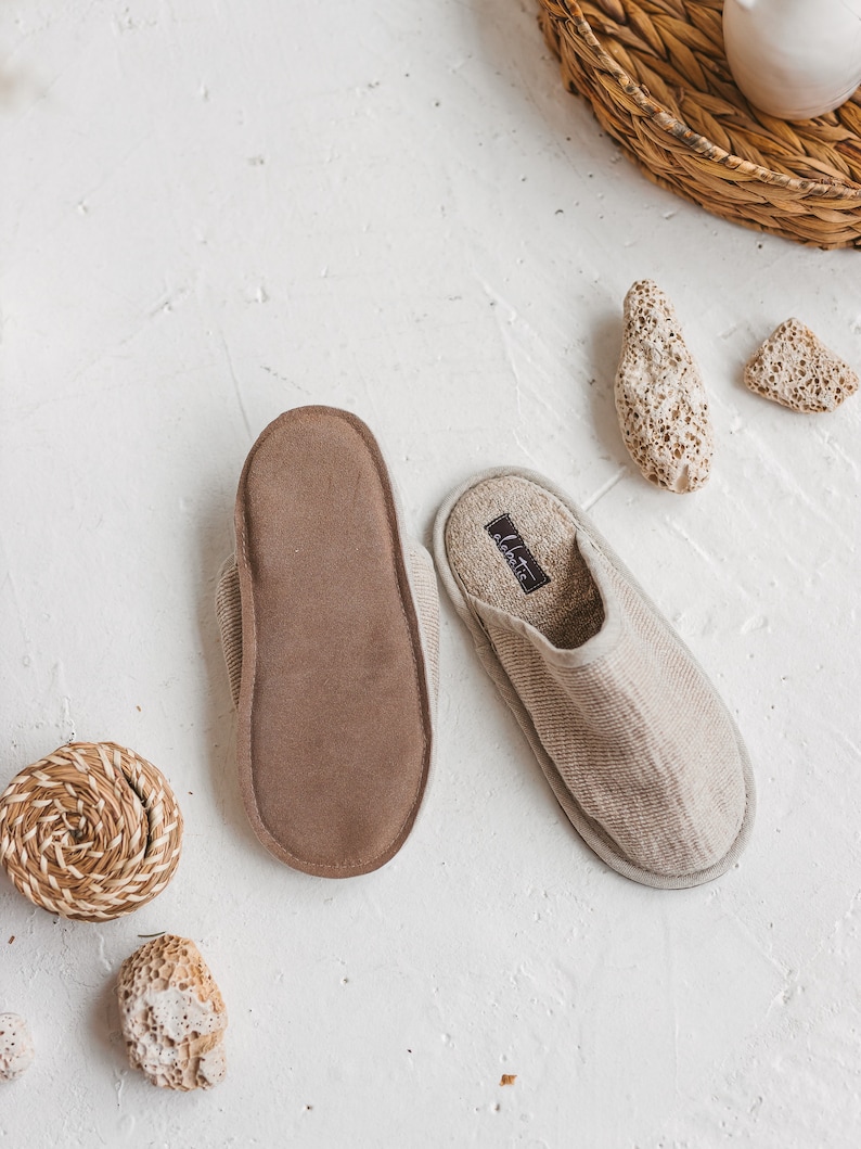 Linen Slippers Breathable Terry Cloth Non Slip Sole House Shoes Cute Handmade Natural Linen Bathroom Slippers image 4
