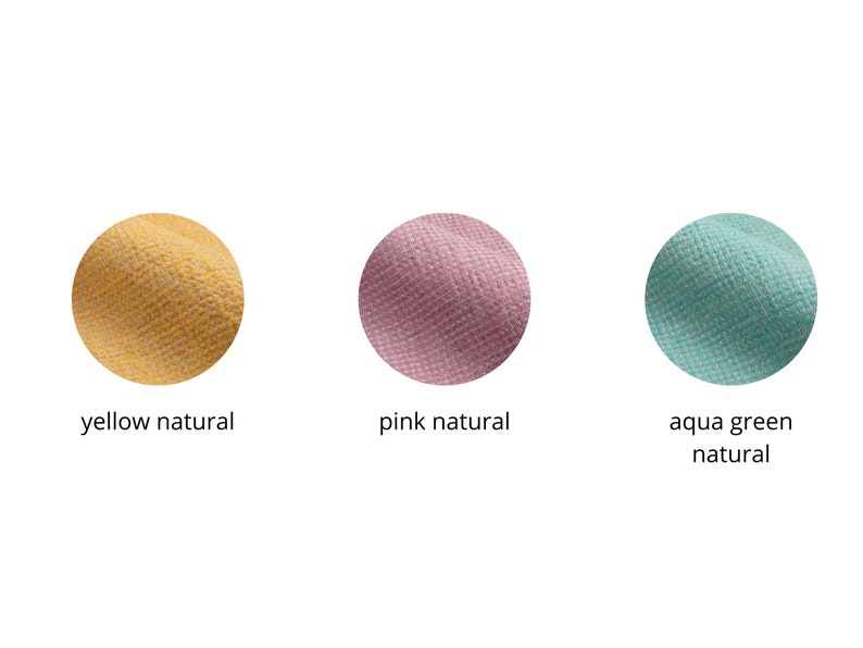 Pu&ograve; includere: Primo piano di tre campioni di tessuto in giallo, rosa e verde acqua. I campioni sono testurizzati e hanno un aspetto naturale.