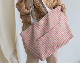 Reversible market tote with pockets, Large striped linen library bag, Red shoulder cloth beach bag, Ready to Ship