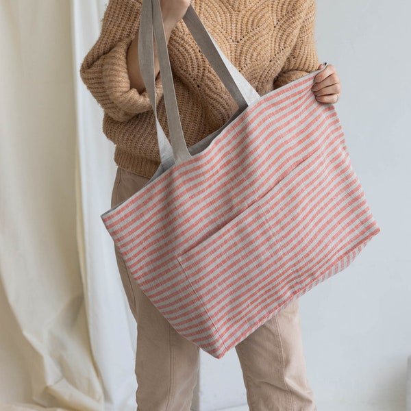 Cabas réversible avec poches, grand sac bibliothèque en lin rayé, sac de plage à bandoulière en tissu rouge, prêt à être expédié