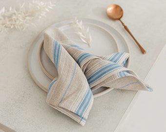 Linen Cloth Napkins Set, Farmhouse Blue Striped Napkins