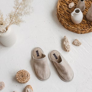 Linen Slippers Breathable Terry Cloth Non Slip Sole House Shoes Cute Handmade Natural Linen Bathroom Slippers image 6