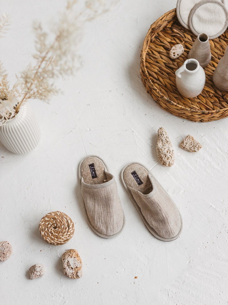 Linen Slippers Breathable Terry Cloth Non Slip Sole House Shoes Cute Handmade Natural Linen Bathroom Slippers image 6