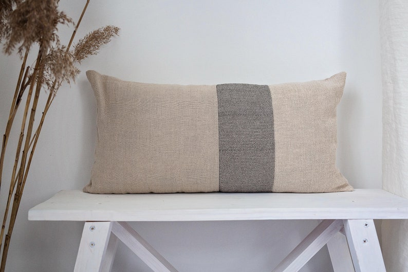 Linen lumbar pillow case, Color block pillow cover, Minimal striped linen pillow cover, Decorative pillow, Custom lumbar pillow cover image 6