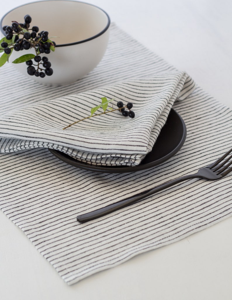 Linen Cloth Napkins Set, Natural Linen Black White Striped Napkins, Modern Scandinavian Minimalist Style Bulk Napkins image 5