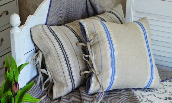 Linen pillow case with ties Blue stripe tie closure pillow cases