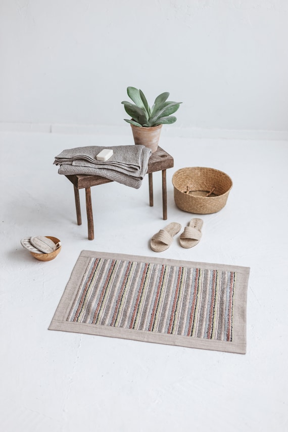 Bathroom Mat Made of Linen Cotton Blend Fabric, Terry Bath Mat, Floor Mat,  Bathroom Décor, Farmhouse Décor, Organic Rug 