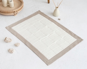 Pure Linen Bathroom Mat in Beige and Milk White, 100% Flax Waffle Bathroom Rug, Fast Dry Small Shower Mat