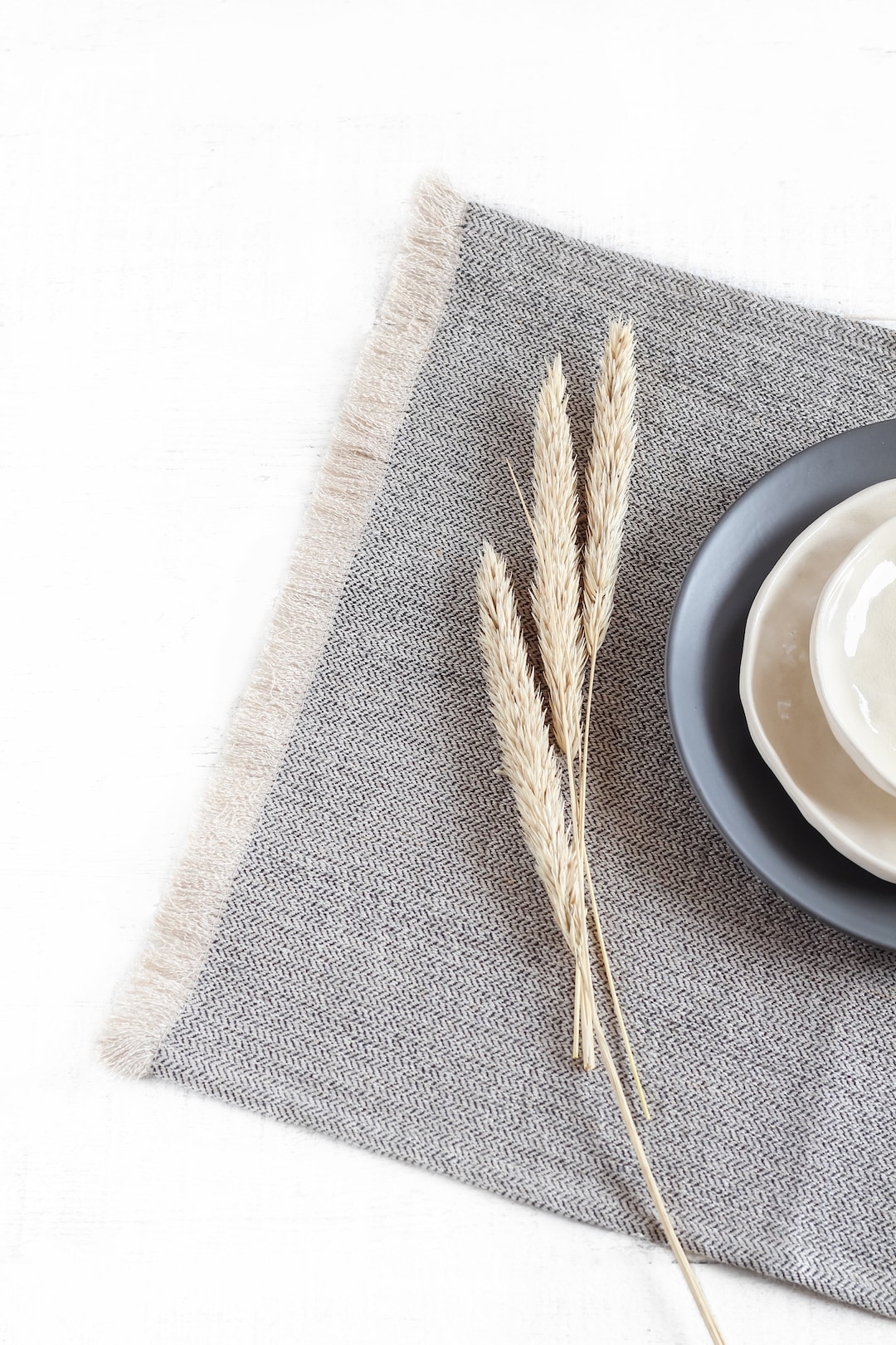 Linen Blend Fringed Placemats Set of 2, Elegant Washable Rectangle in