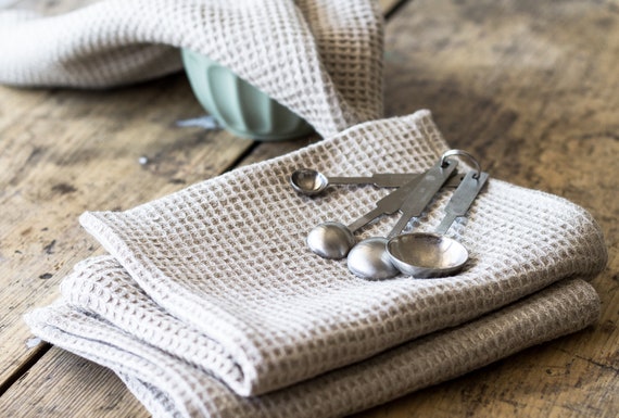 Natural Linen Waffle Kitchen Towels, Hand Towels Set With Loop, Two Dish  Towels 