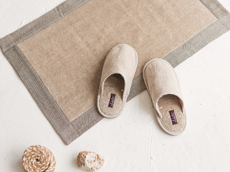 Linen Slippers Breathable Terry Cloth Non Slip Sole House Shoes Cute Handmade Natural Linen Bathroom Slippers image 7