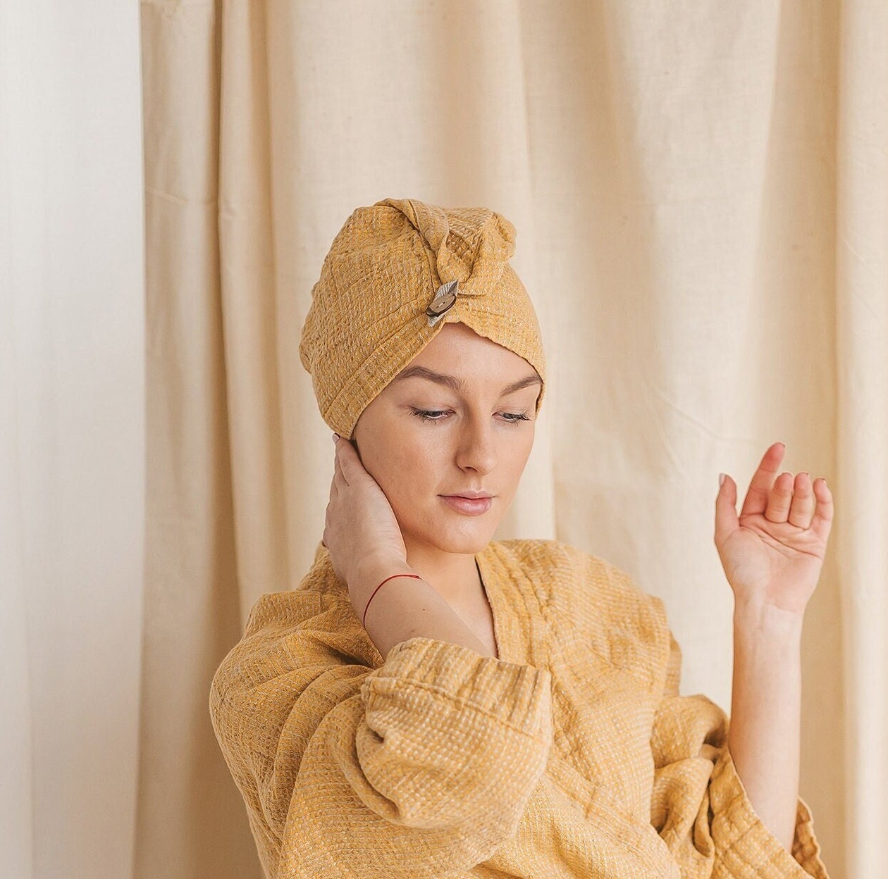 Toalla turbante de pelo de lino, tejido de gofre amarillo, Sauna