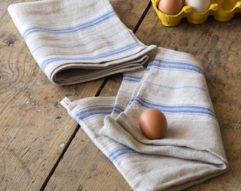 Kitchen Towel With Loop Natural Linen Blue White Striped Farmhouse Dish Tea Towel