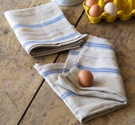 Kitchen Towel With Loop Natural Linen Blue White Striped Farmhouse Dish Tea  Towel 