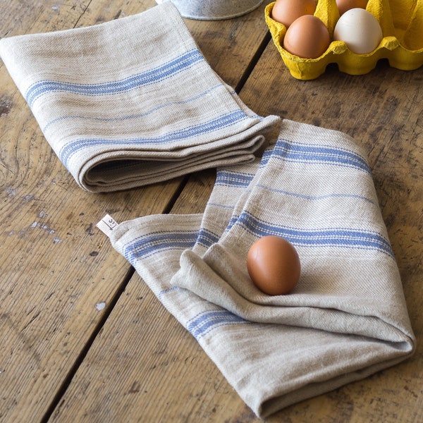 Kitchen Towel With Loop Natural Linen Blue White Striped Farmhouse Dish Tea Towel