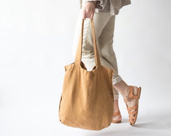 Brown Linen Shoulder Bag, Reusable Grocery Bag, Camel Library Bag, Travel bag, Farmers Market Bag, Canvas Market Bag