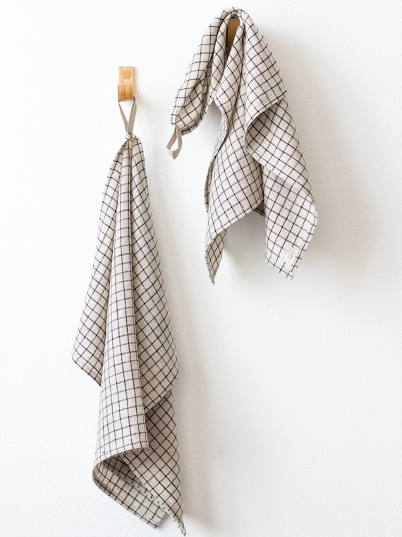 Linen Tea Towel Set, Linen Kitchen Towels Beige White Check, Gingham. Pure  linen dish towel, dishcloth. Christmas gifts