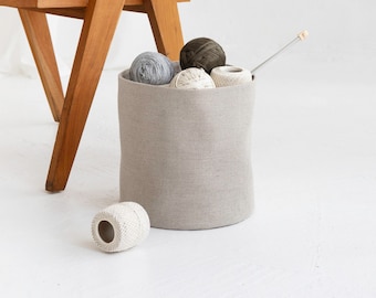 Pure Linen Yarn Storage Basket, Round Home Organisation Bin from Flax, Minimalist Neutral Thread Bowl