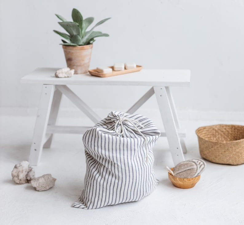 Linen grey striped 40x53 cm drawstring bag, Storage flax bag, Minimalist natural small laundry bag, Reusable organic storage bag image 1