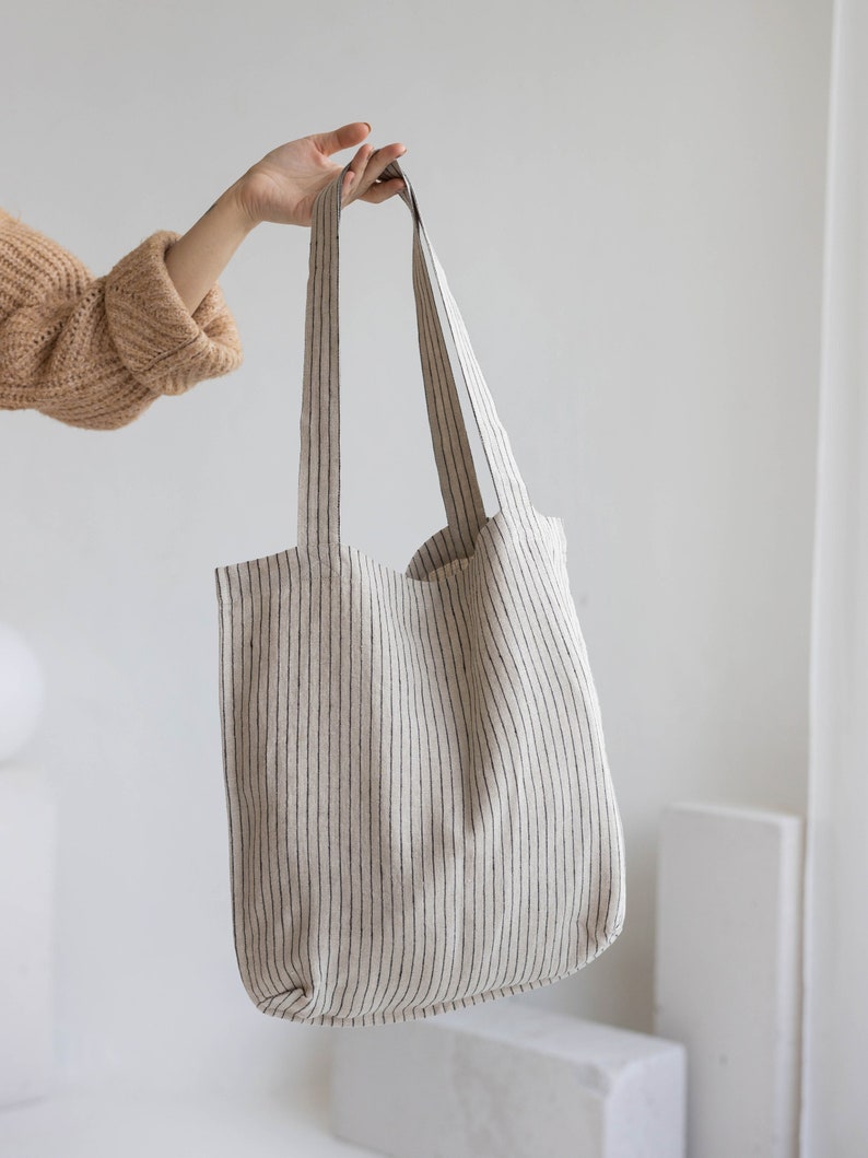 Linen shopping bag, Thin black stripe womens shoulder bag, Unisex reusable ticking market bag image 1