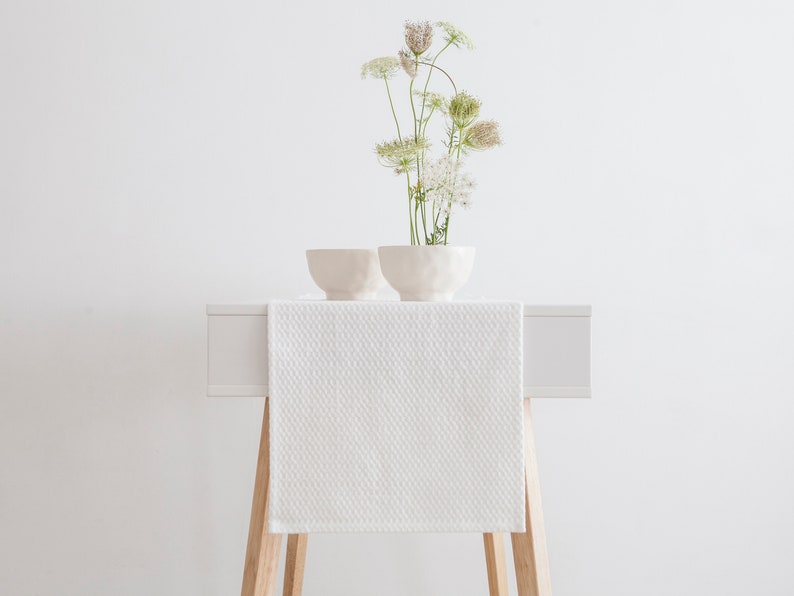 White Linen Table Runner, Waffle Weave Wedding Tabletop Covering, Simple Minimalist Everyday Holiday Decorative Long Table Runner image 3