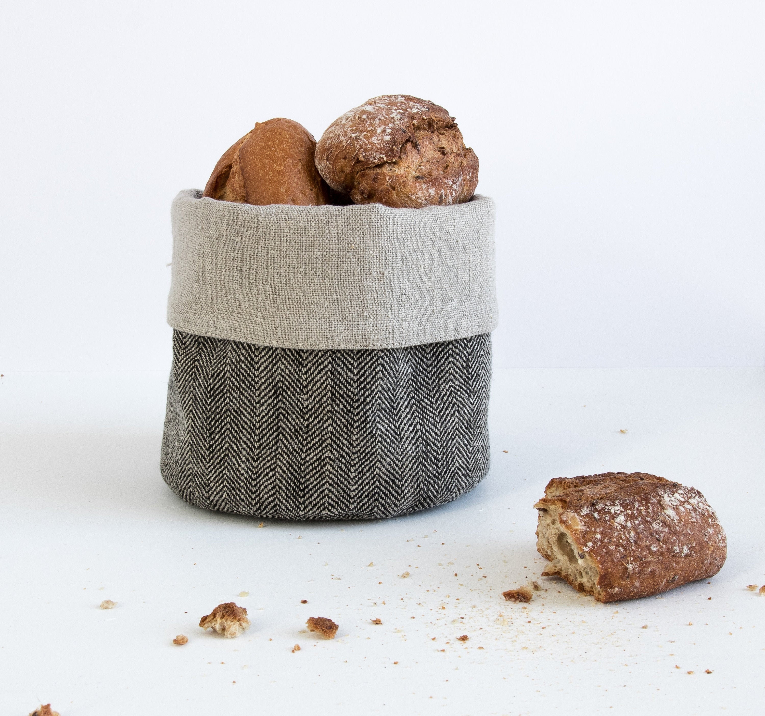 Black Linen bread basket, Herringbone fabric table décor bowl, Plant pot linen bag, Organic food storage, Flax box, Canvas yarn storage
