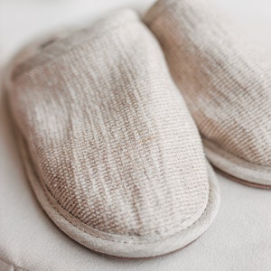 Linen Slippers Breathable Terry Cloth Non Slip Sole House Shoes Cute Handmade Natural Linen Bathroom Slippers image 2