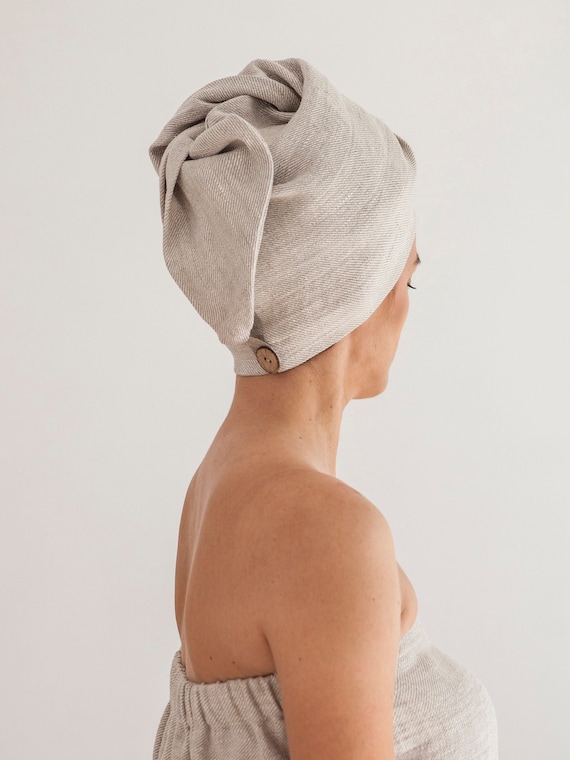 Turbante de toalla de pelo de lino. Envoltura de toalla para el