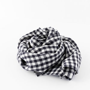 Checkered Scarf Dark Navy White Pure Linen Minimalist Plaid Summer Unisex Shawl Overlay Wrap Hair Cover Headscarf