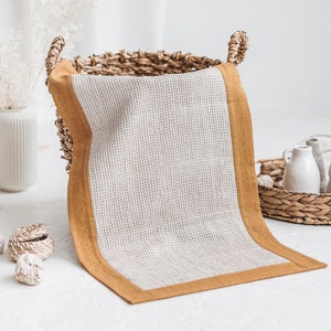 Natural linen washable bath mat in camel and neutral colors, farmhouse handmade bathroom décor