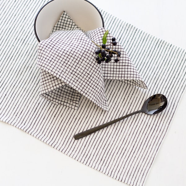 Modern Linen Placemats Set 2, White Black Stripe Scandinavian Minimalist Placemats, Pure Flax Ticking Placemats, Washable Everyday Use Mats