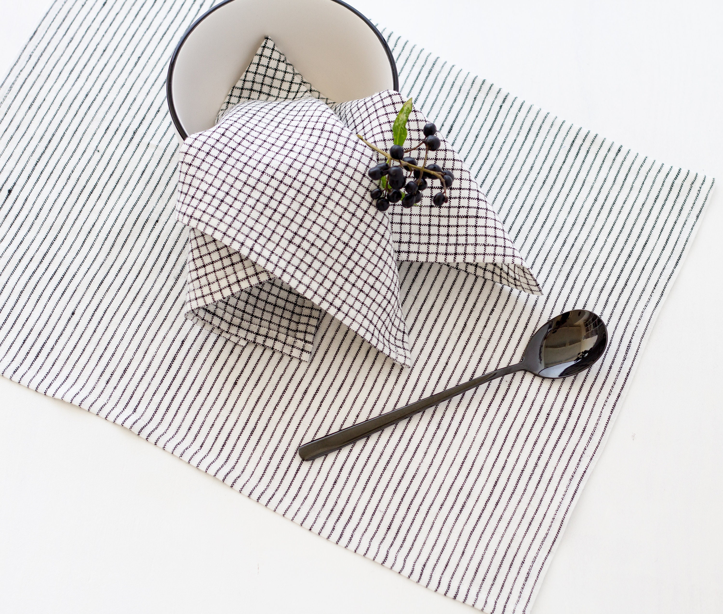 Modern Linen Placemats Set White and Black Stripe Scandinavian Etsy
