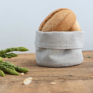 Linen bread basket, Organic Cloth storage bag, Fabric round bowl, Flax plant pot, Burlap restaurant bread bin, Small rustic table basket